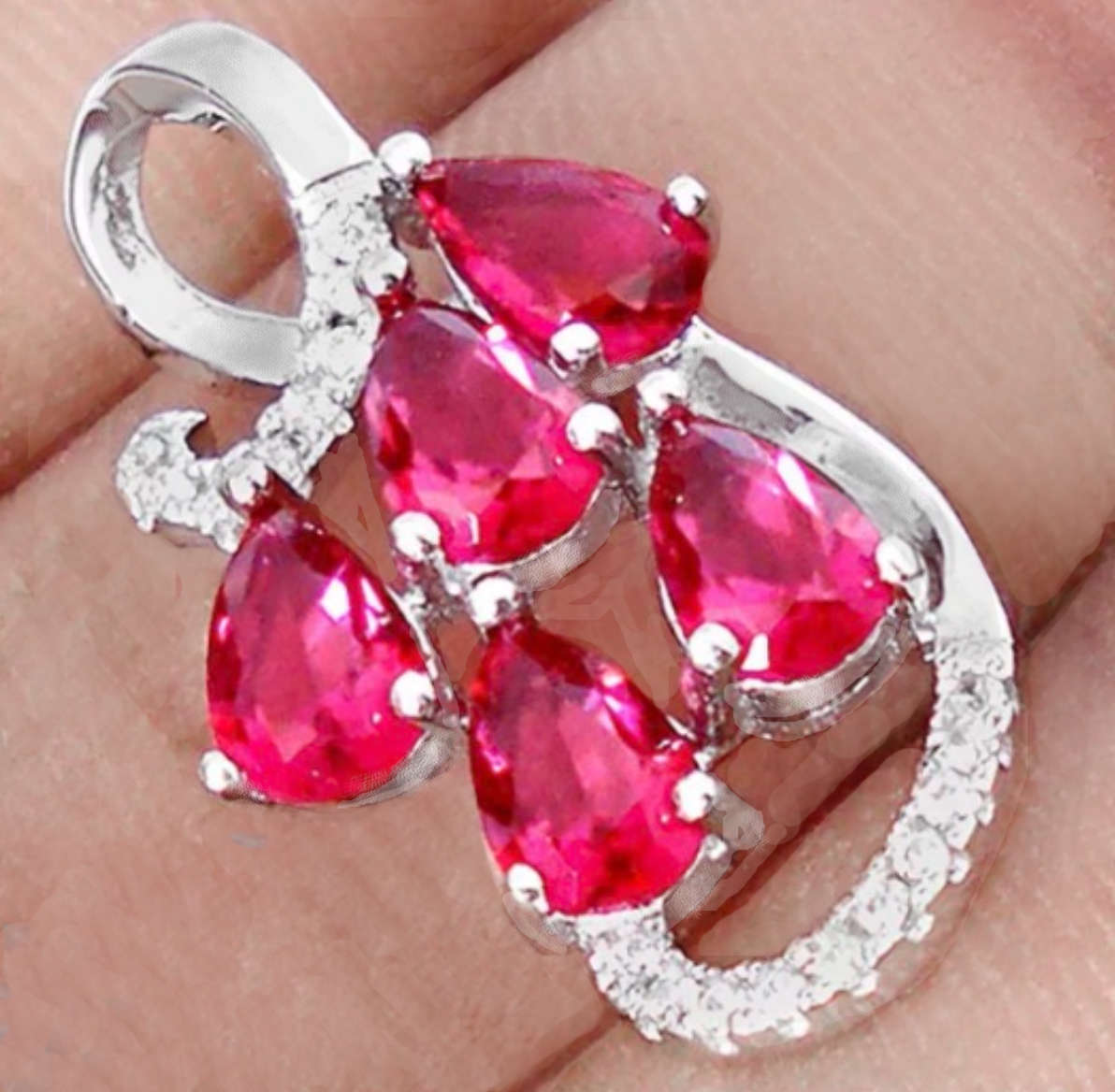 5.62 cts Pink Ruby Pear Shape and White Topaz Gemstones set in Solid .925 Sterling Silver Pendant