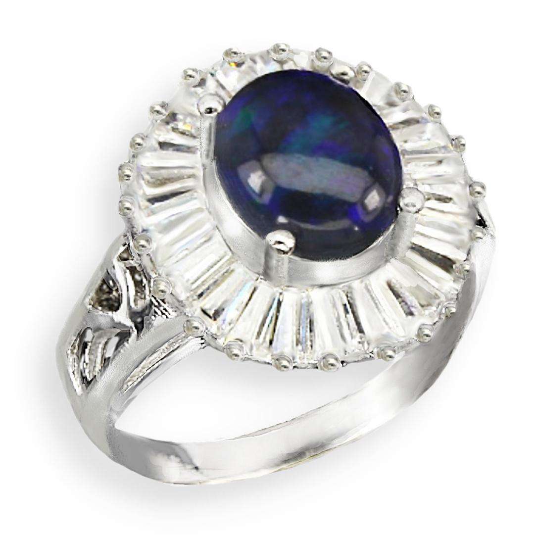 Natural Full Flash Black Fire Opal and White CZ Baguettes in Solid .925 Sterling Silver Ring Sz 8/Q