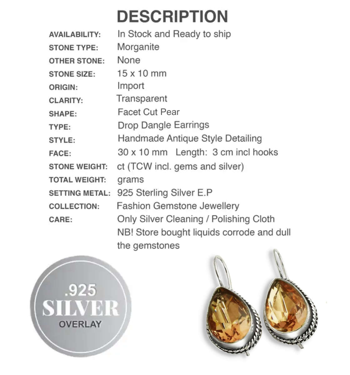 Handmade Morganite Gemstone Pears .925 Sterling Silver Earrings