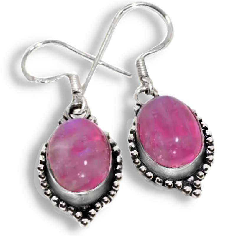 Pink Rainbow Moonstone Gemstone set in .925 Sterling Silver Plated Handmade Earrings