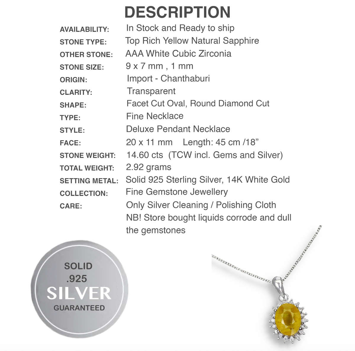 Natural Oval Yellow Sapphire in Solid 925 Sterling Silver 14K White Gold Necklace