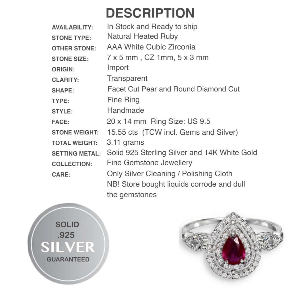 Natural Ruby and White Cubic Zirconia set in Solid .925 Sterling Silver 14K W/Gold Ring Size US 9.5