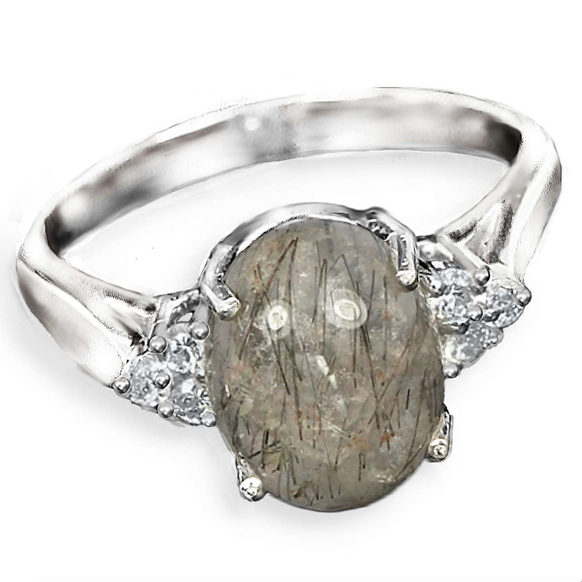 Natural Black Rutilated Quartz White CZ in Solid .925 Sterling Silver 14K White Gold Ring Sz US 6.5