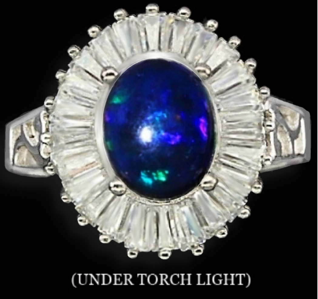 Natural Full Flash Black Fire Opal and White CZ Baguettes in Solid .925 Sterling Silver Ring Sz 8/Q