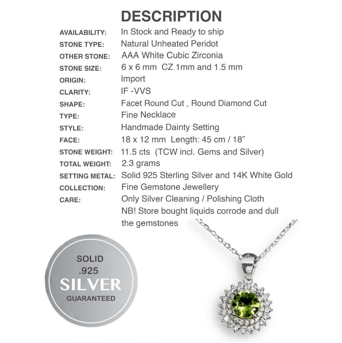 Deluxe Natural Unheated Peridot and White Cubic Zirconia set in Solid .925 Sterling Silver Necklace
