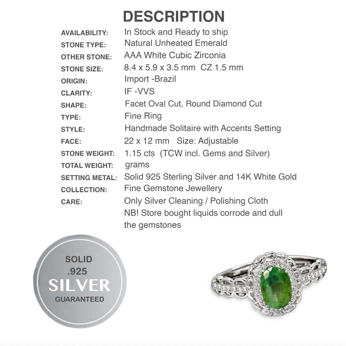 Natural Unheated Brazilian Emerald and White CZ set in Solid .925 Silver 14K W/Gold Adjustable Size