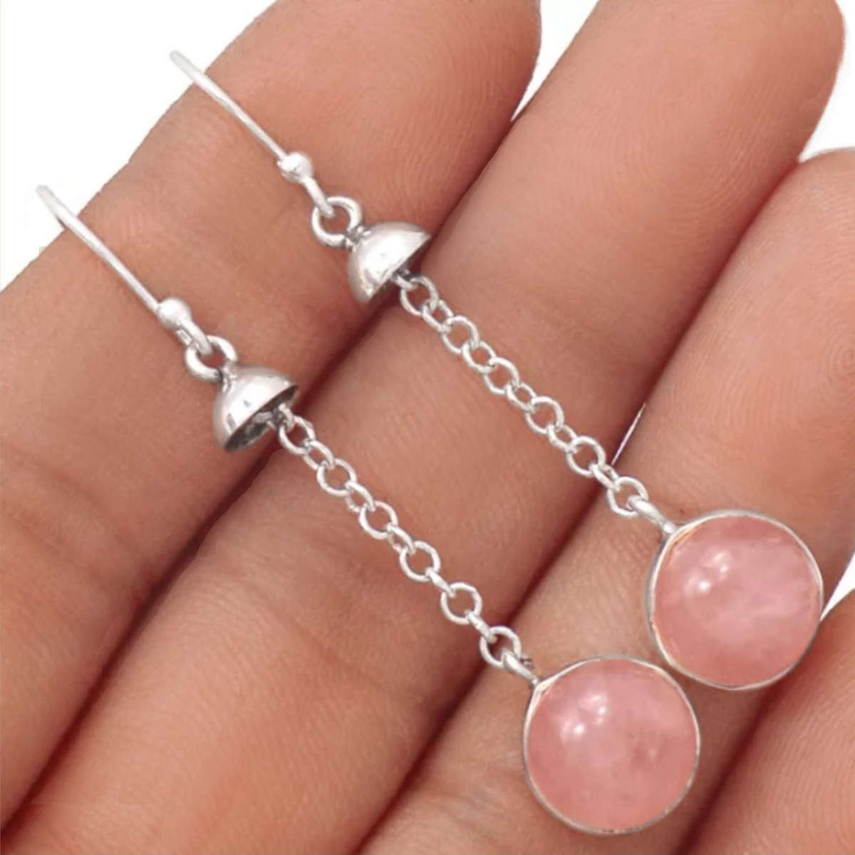 Natural Pink Rose Quartz Round Sphere set in  Solid .925 Sterling Silver Drop Dangle Earrings