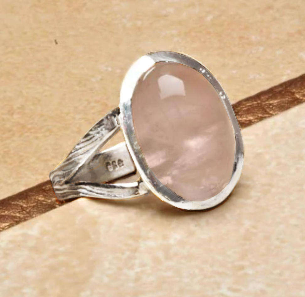 Natural Rose Quartz Oval Gemstone set in Solid .925 Sterling Silver Ring Size 7.5 / P