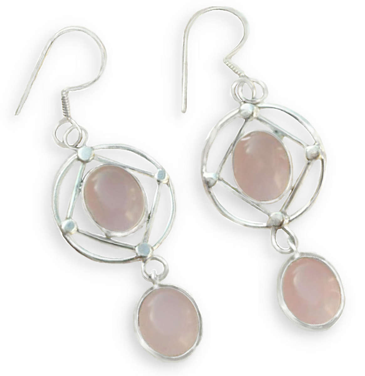 Natural Rose Quartz Gemstone Ovals set in Solid .925 Sterling Silver Drop Dangle Earrings