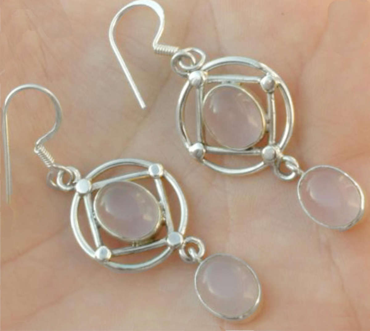 Natural Rose Quartz Gemstone Ovals set in Solid .925 Sterling Silver Drop Dangle Earrings