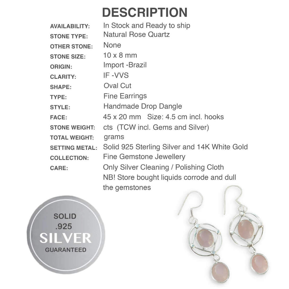 Natural Rose Quartz Gemstone Ovals set in Solid .925 Sterling Silver Drop Dangle Earrings