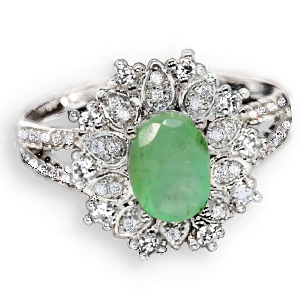 Natural Unheated Brazilian Emerald, White Cubic Zirconia Solid .925 Silver 14K W/Gold Ring US 7/O