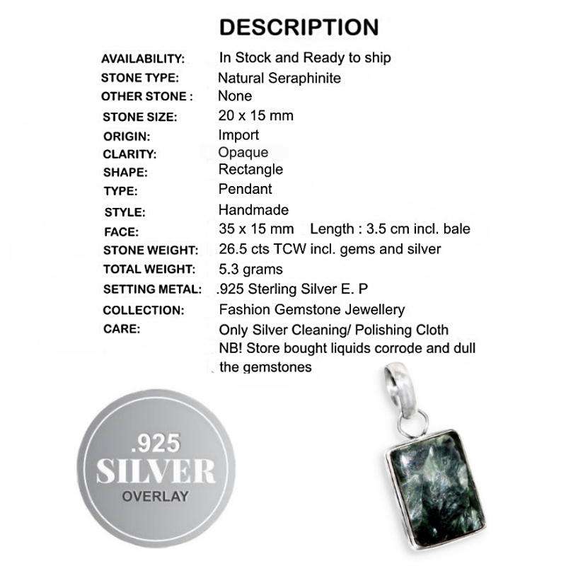 Natural Seraphinite Rectangle Gemstone set in .925 Sterling Silver Plated Handmade Pendant