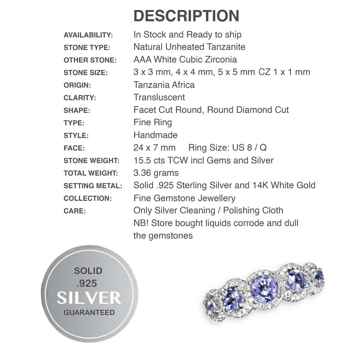 Natural Unheated Tanzanite and AAA White Cubic Zirconia Ring in Solid .925 Silver Size US 8 /Q
