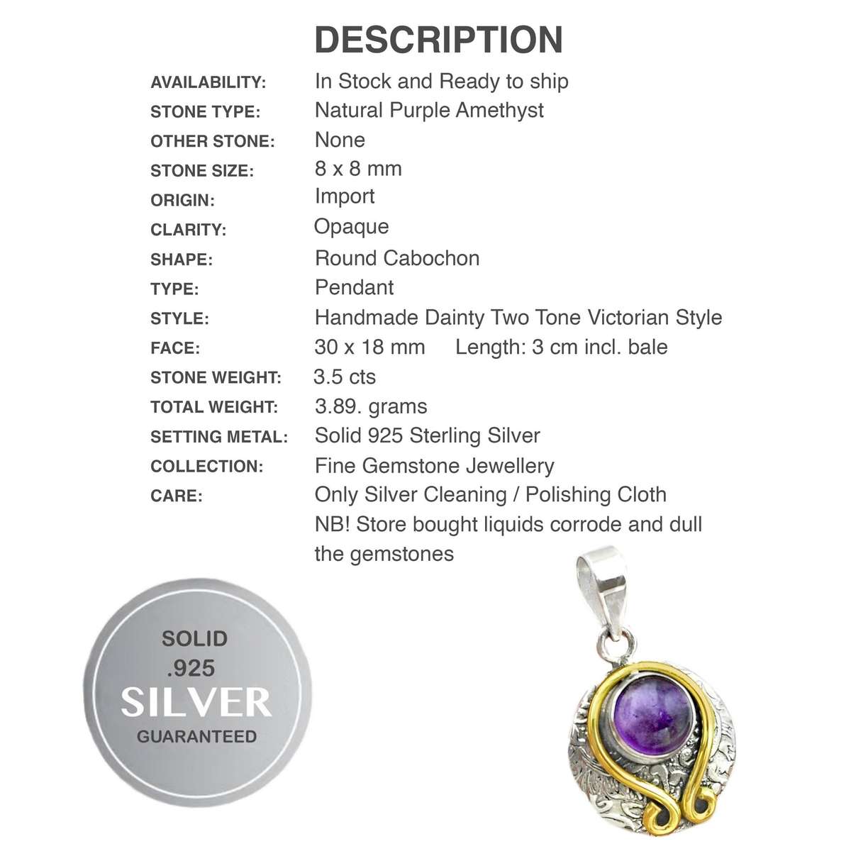 3.50 cts Two Tone Natural Unheated Purple Amethyst Gemstone in Solid .925 Sterling Silver Pendant