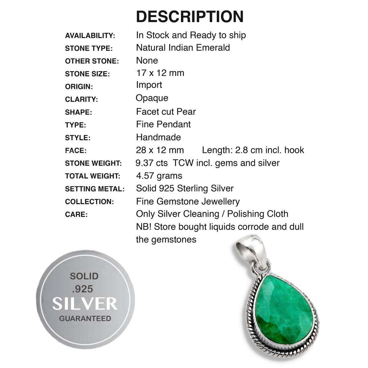 Dainty Natural Indian Emerald Pear Shape Gemstone set in Solid 925 Sterling Silver Pendant