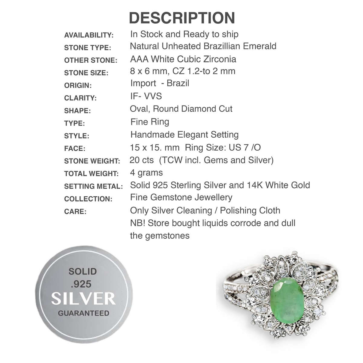 Natural Unheated Brazilian Emerald, White Cubic Zirconia Solid .925 Silver 14K W/Gold Ring US 7/O