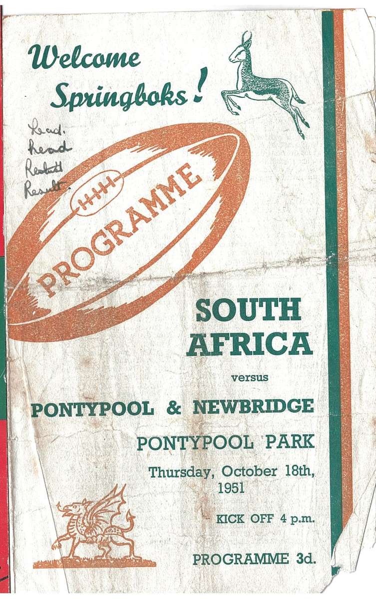 Rugby Programme Springboks vs Pontypool and Newbridge 18/10/51