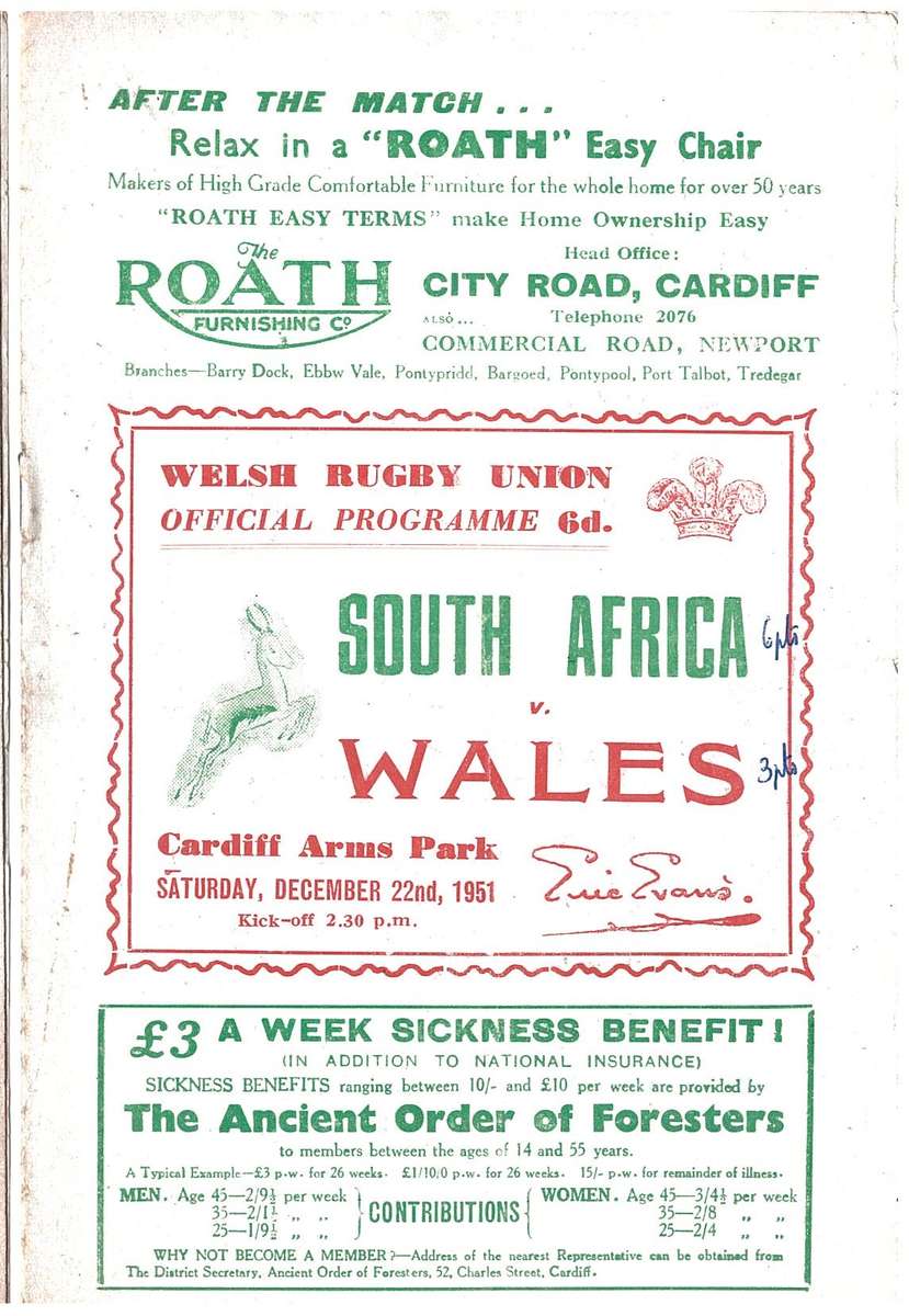 Rugby Programme Wales vs South Africa 22/121951