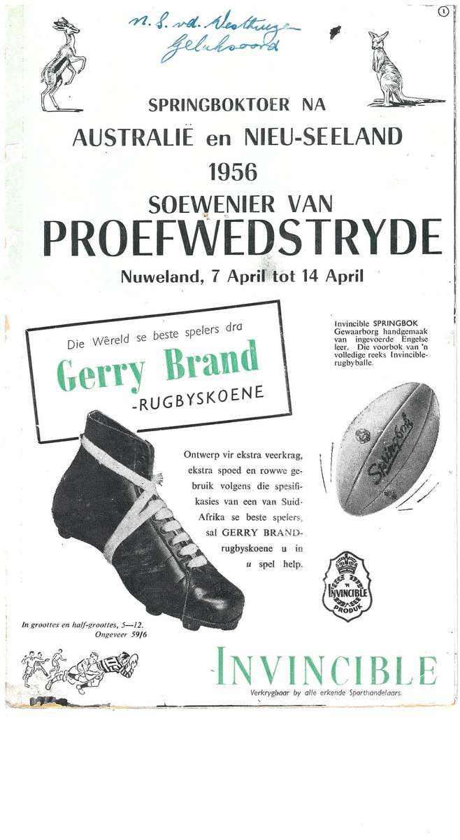 Souvenir Springbok Rugby Trial programme 1956