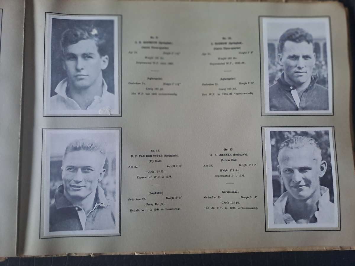Rugby souvenir album 1937 SA rugby touring team. Cigarette cards. Complete. See below