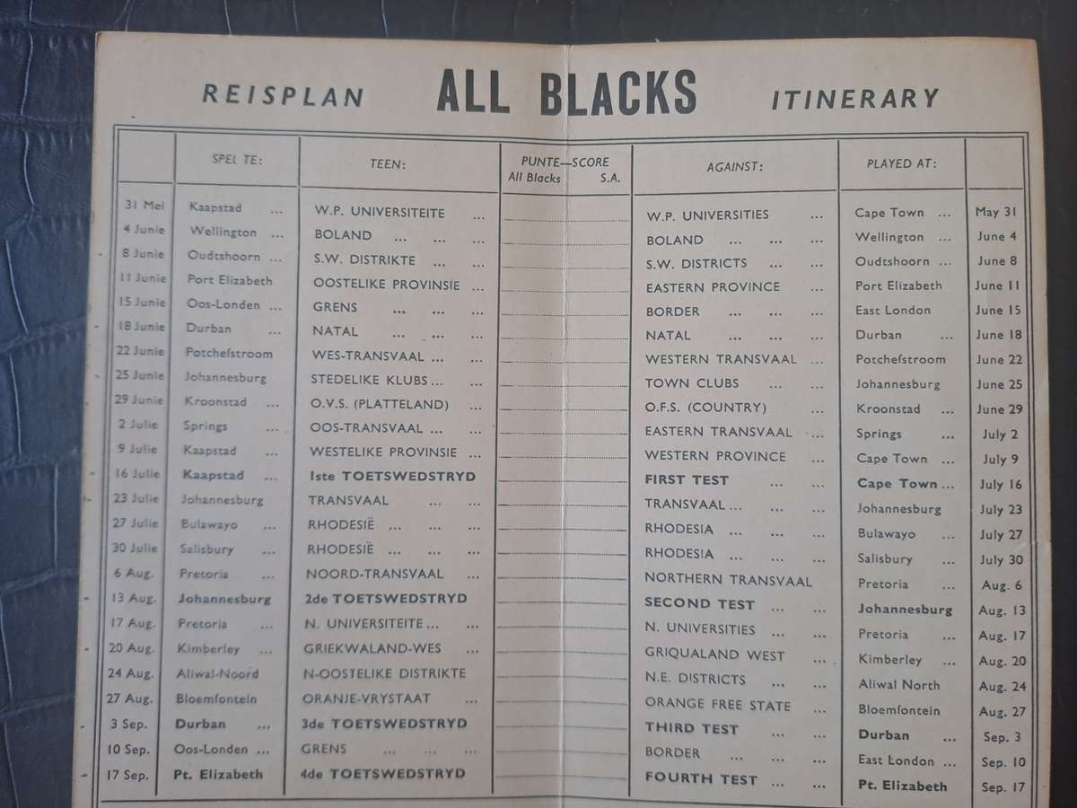 Rugby itinerary card. 1949 Al Blacks to SA