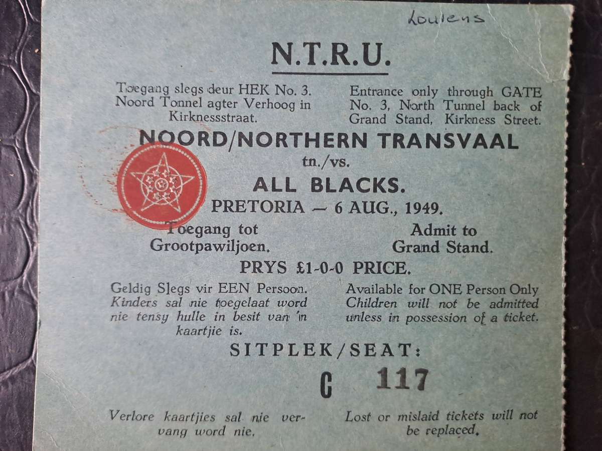 Rugby ticket. Northern Transvaal v All Blacks 6 August 1949 Loftus Versfeld VERY SCARCE