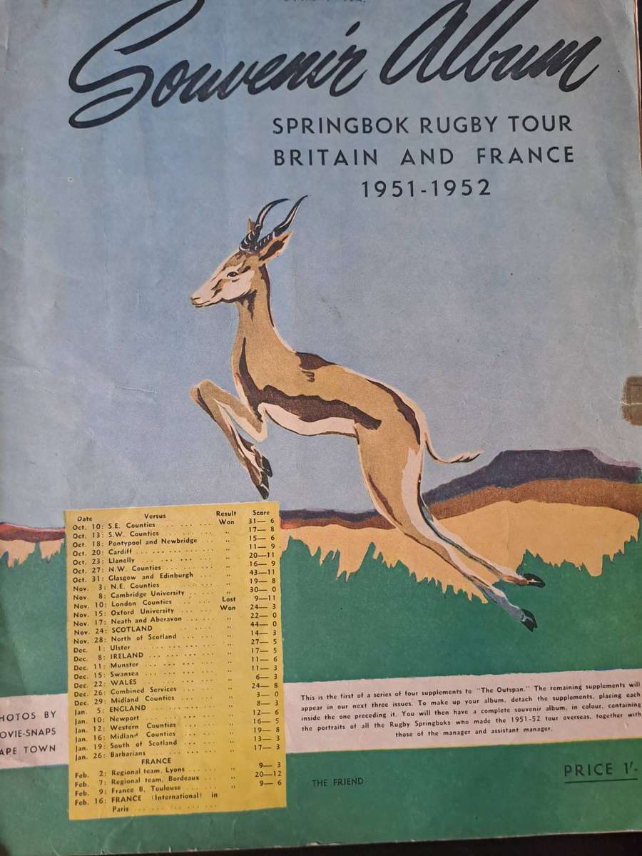 Rugby souvenir album to the Outspan 1951-52 Springboks to the UK and France 16 pp