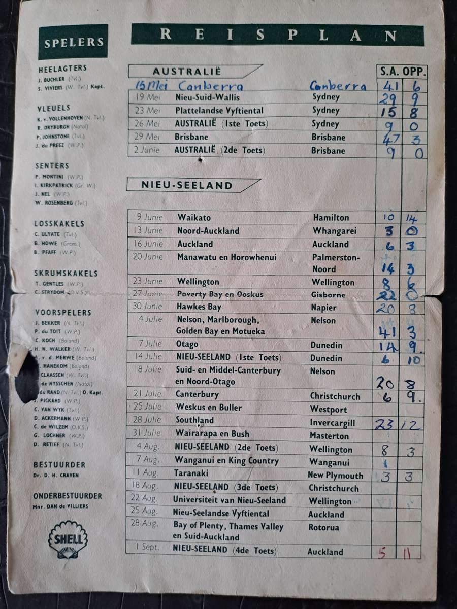 Rugby itinerary card 1956 South Africa to Australia and New Zealand. removed from scrapbook