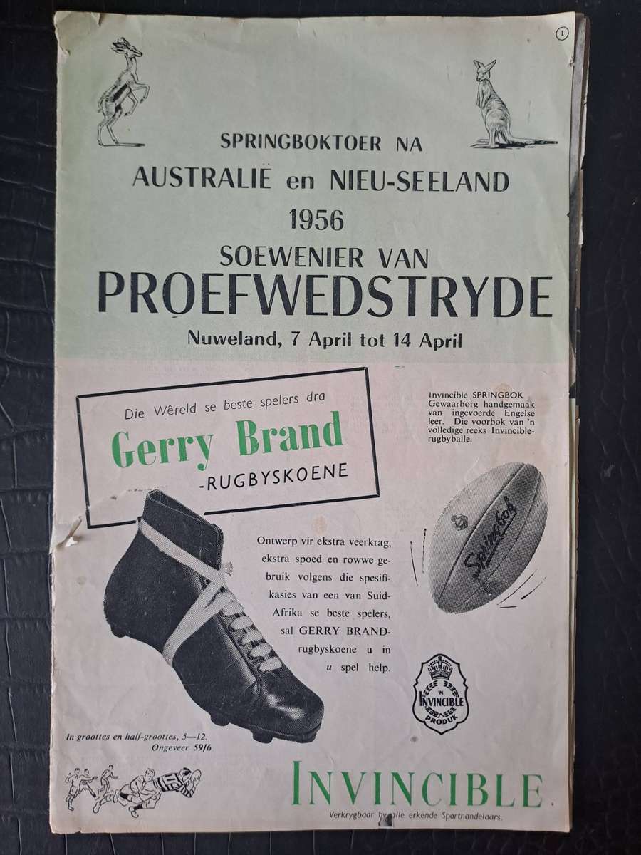 Rugby souvenir brochure 1956 Springbok trials to Aus & NZ Supplement to Huisgenoot 28 pp