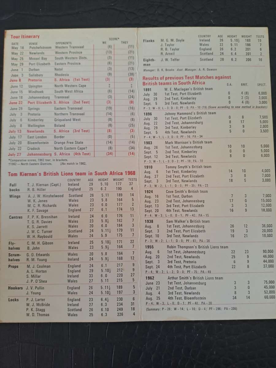 Rugby itinerary card 1968 British & Irish Lions to South Africa