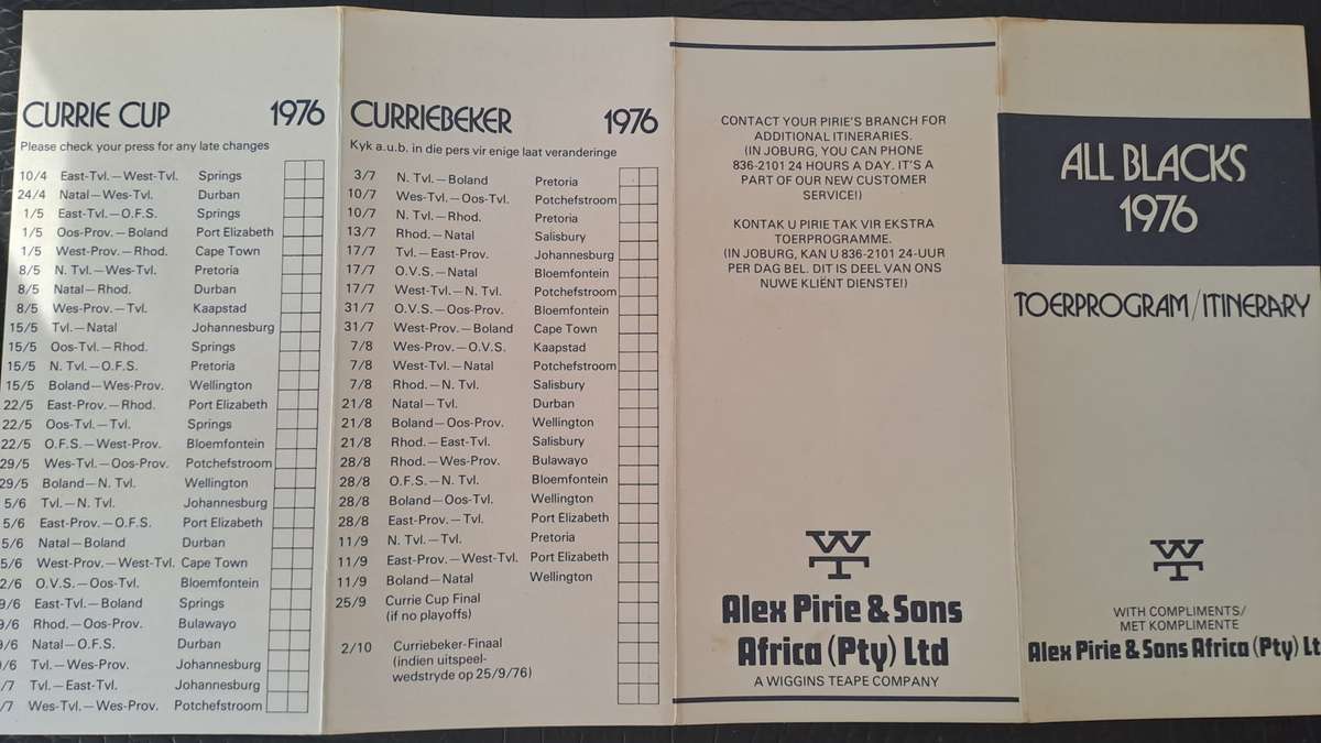 Rugby itinerary card 1976 All Blacks to South Africa