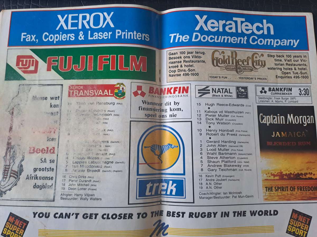 Rugby Programme Transvaal v Natal Currie Cup Final Ellis Park 12 Sept 1992
