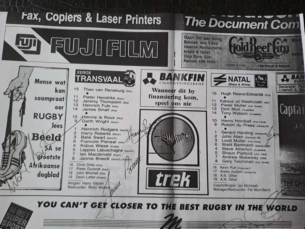 Rugby Programme Transvaal v Natal Currie Cup Final Ellis Park 12 Sept 1992