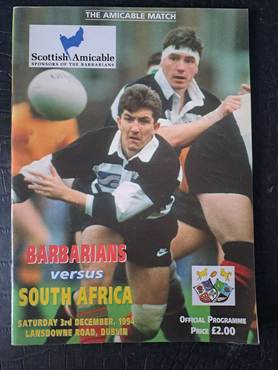 Rugby programme Barbarians v South Africa 3 December 1994 Landsdowne Road, Dublin