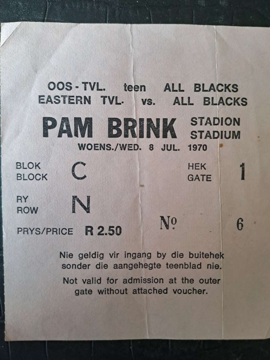 Rugby ticket. Eastern Transvaal v All Blacks 8 July 1976 PAM Brink, Springs