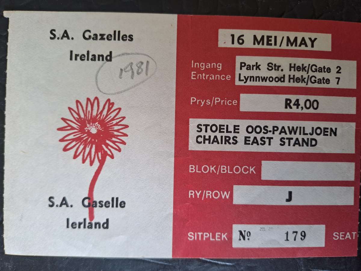 Rugby ticket. Gazelles v Ireland 16 May 1981 Loftus Versfeld
