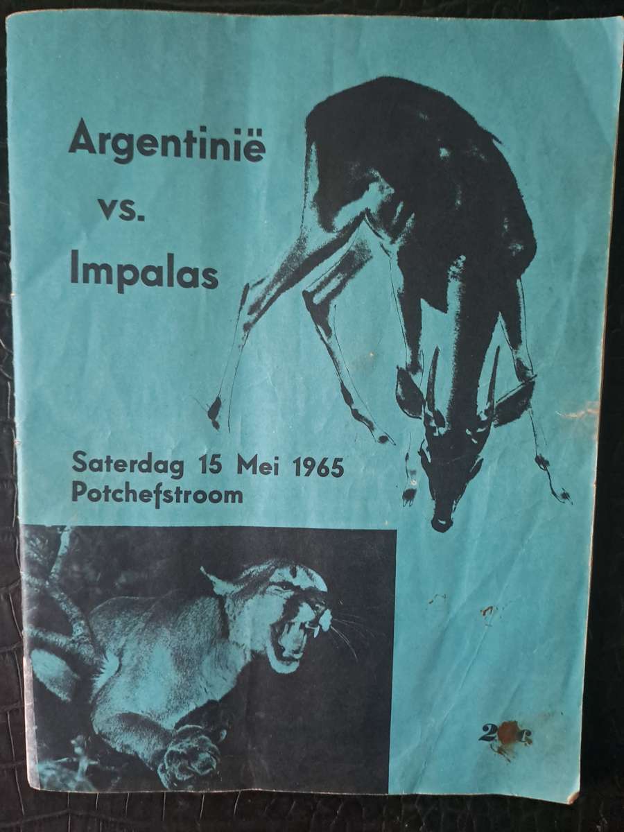 Rugby programme. Western Transvaal Impalas vs Argentine Pumas 15 May 1965 Potchefstroom VERY RARE
