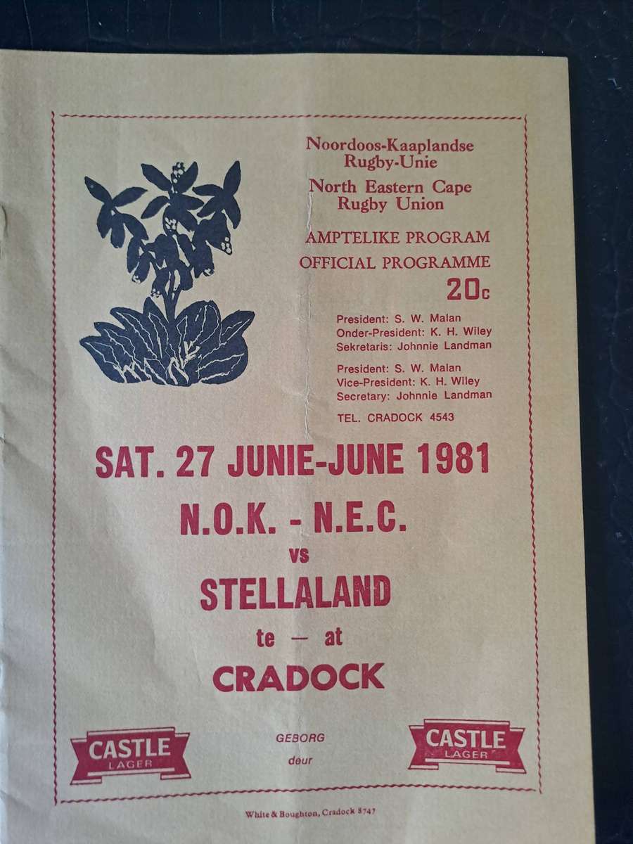 Rugby programme North Eastern Cape v Stellaland 27 June 1981 See below