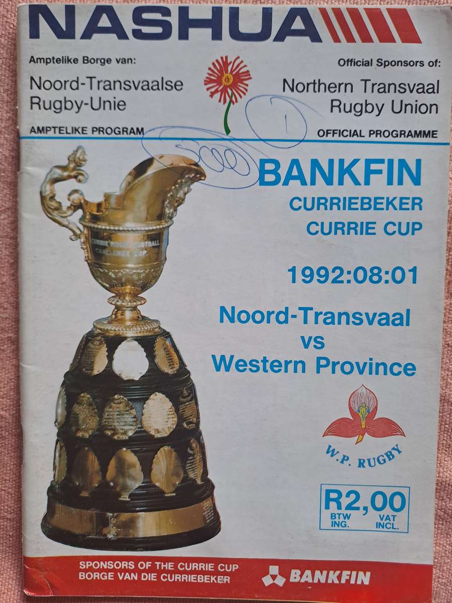 Rugby programme Northern Transvaal v WP CURRIE CUP 1 Aug 1992 Loftus Versfeld See condition