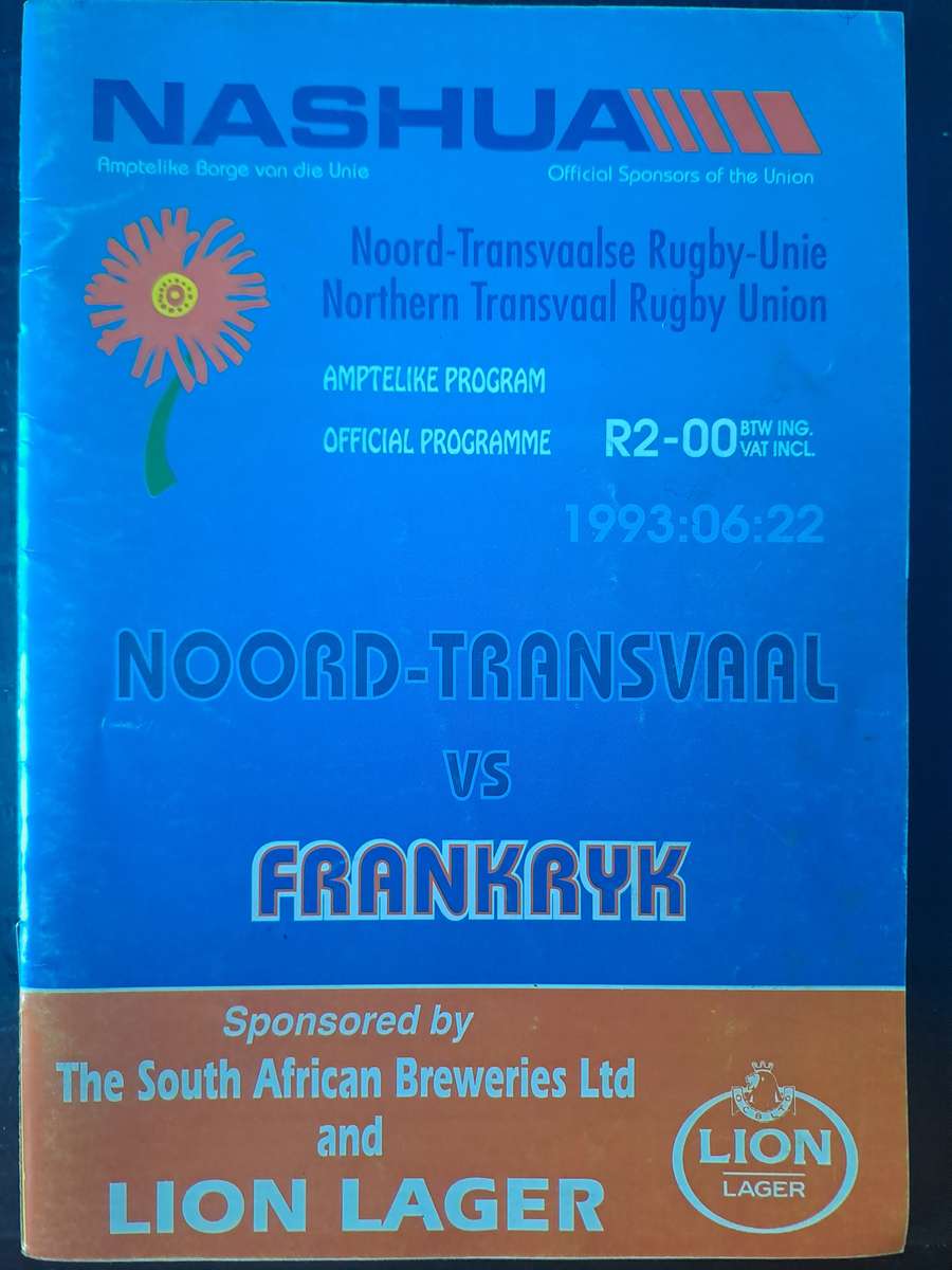 Rugby programme. Northern Transvaal v France 22 June 1993