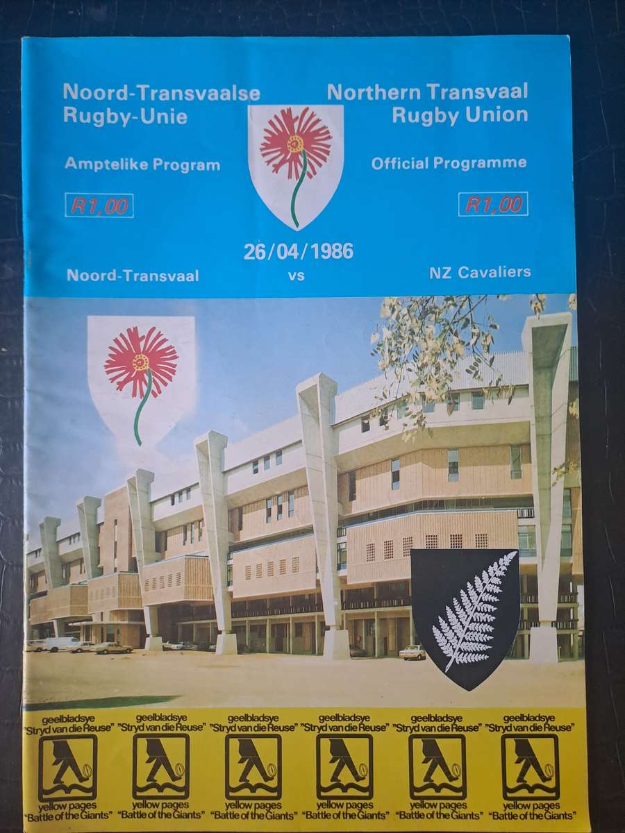 Rugby programme. Northern Transvaal v NZ Cavaliers 26 April 1986