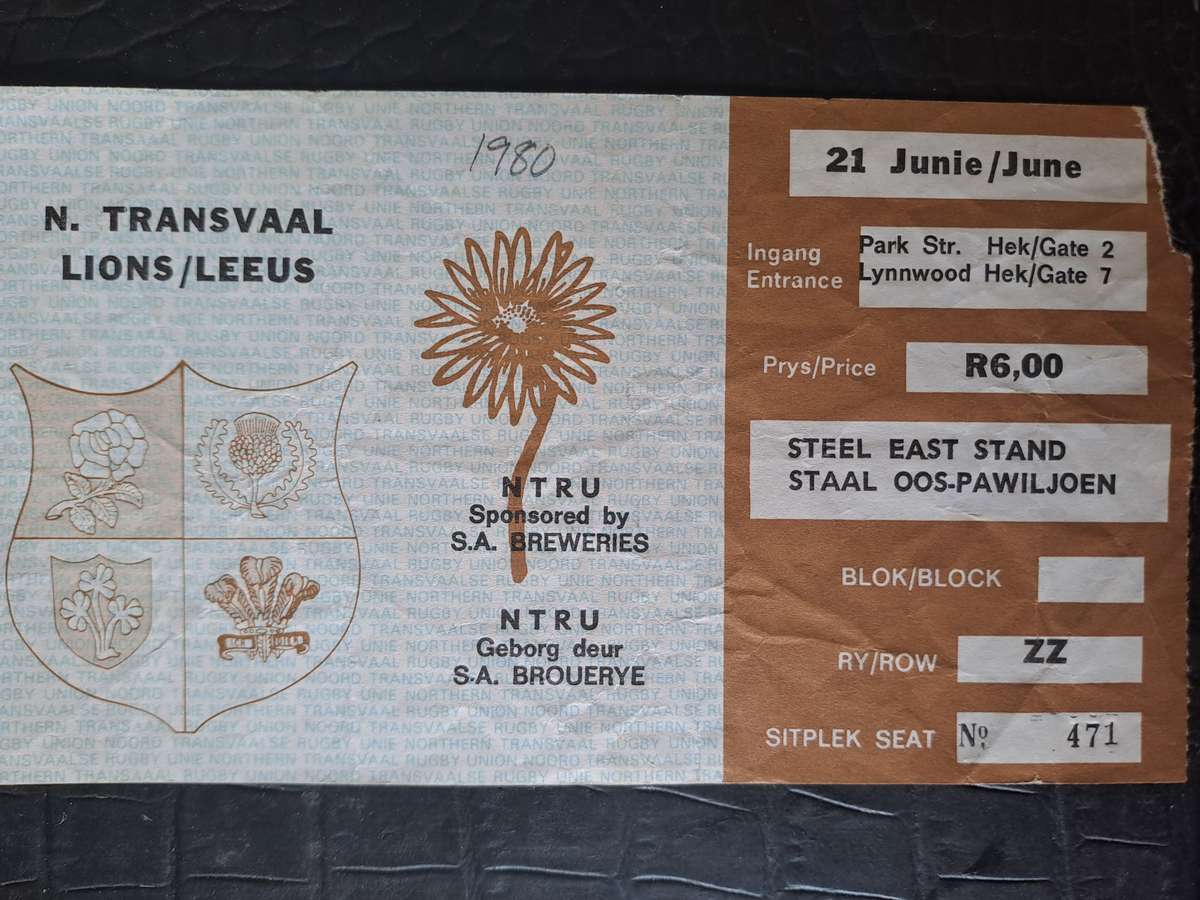 Rugby ticket. Northern Transvaal v British & Irish Lions 21 June 1980 Loftus Versfeld