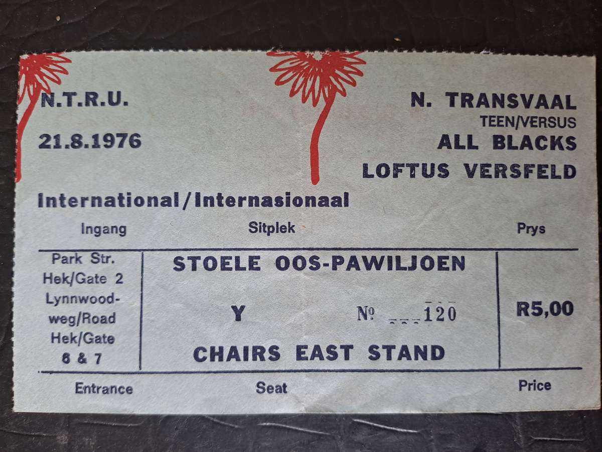 Rugby ticket. Northern Transvaal v All Blacks 21 August 1976 Loftus Versfeld