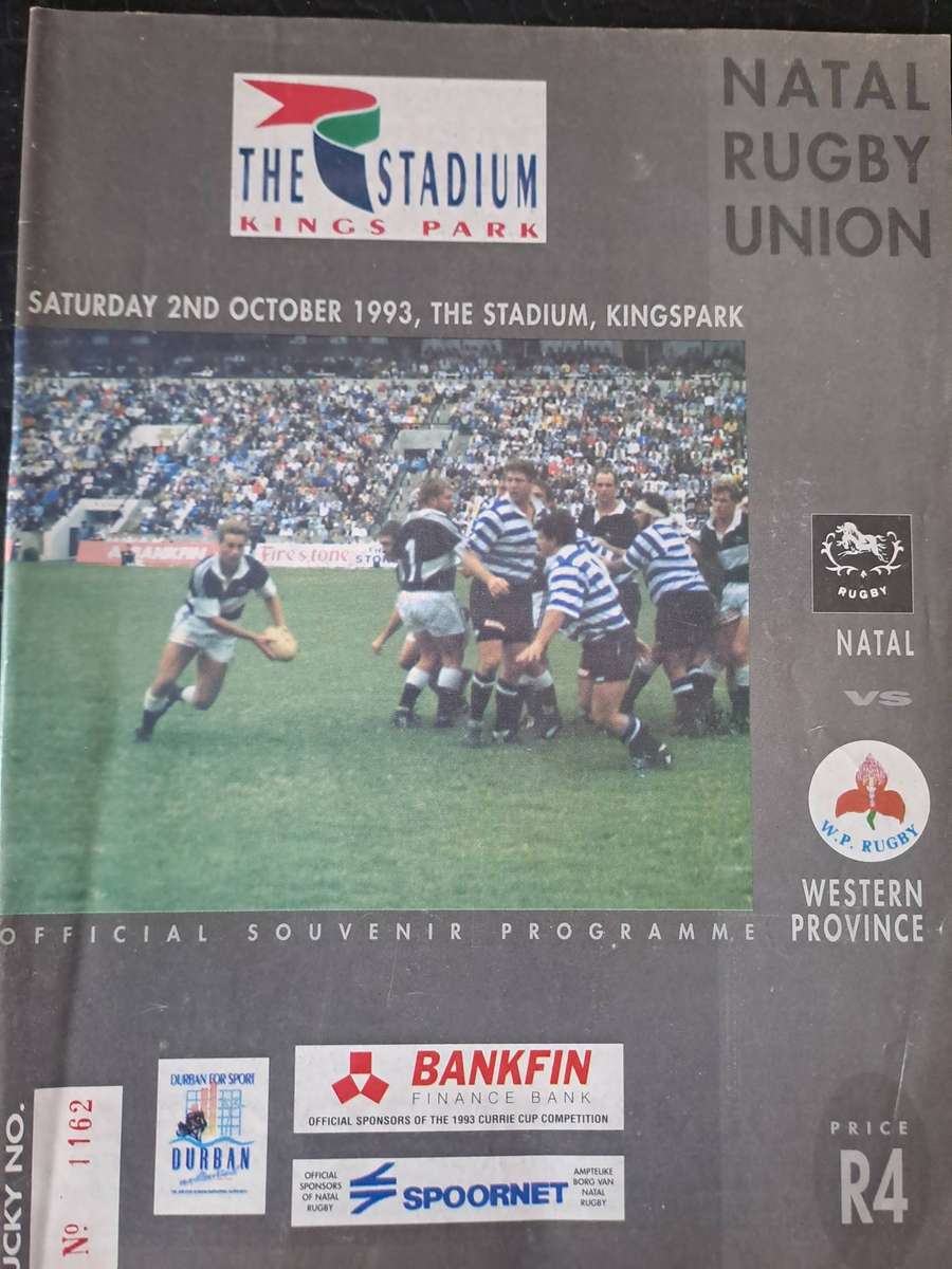 Rugby programme. Natal v WP 2 October 1993