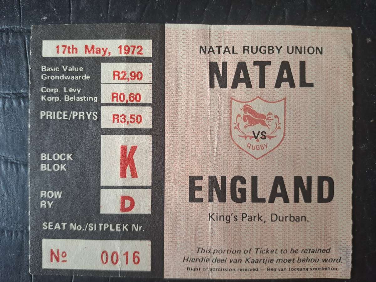 Rugby ticket. Natal v England 17 May 1972