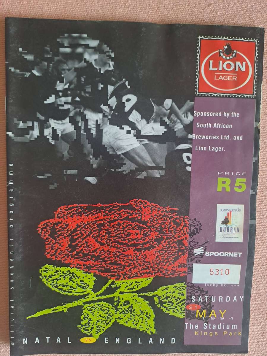Rugby programme. Natal v England 21 May 1994. Minor water stains