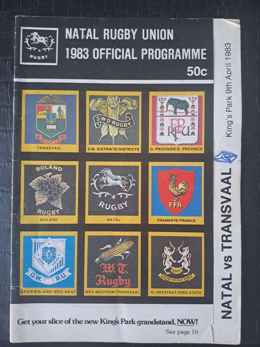 Rugby programme. Natal v Transvaal 9 April 1983 King's Park