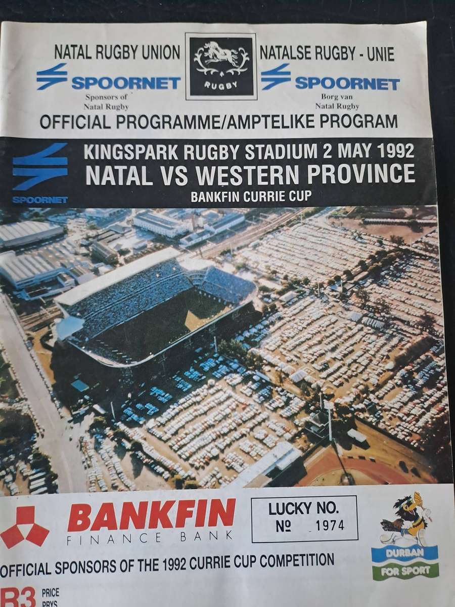 Rugby programme. Natal v WP 2 May 1992