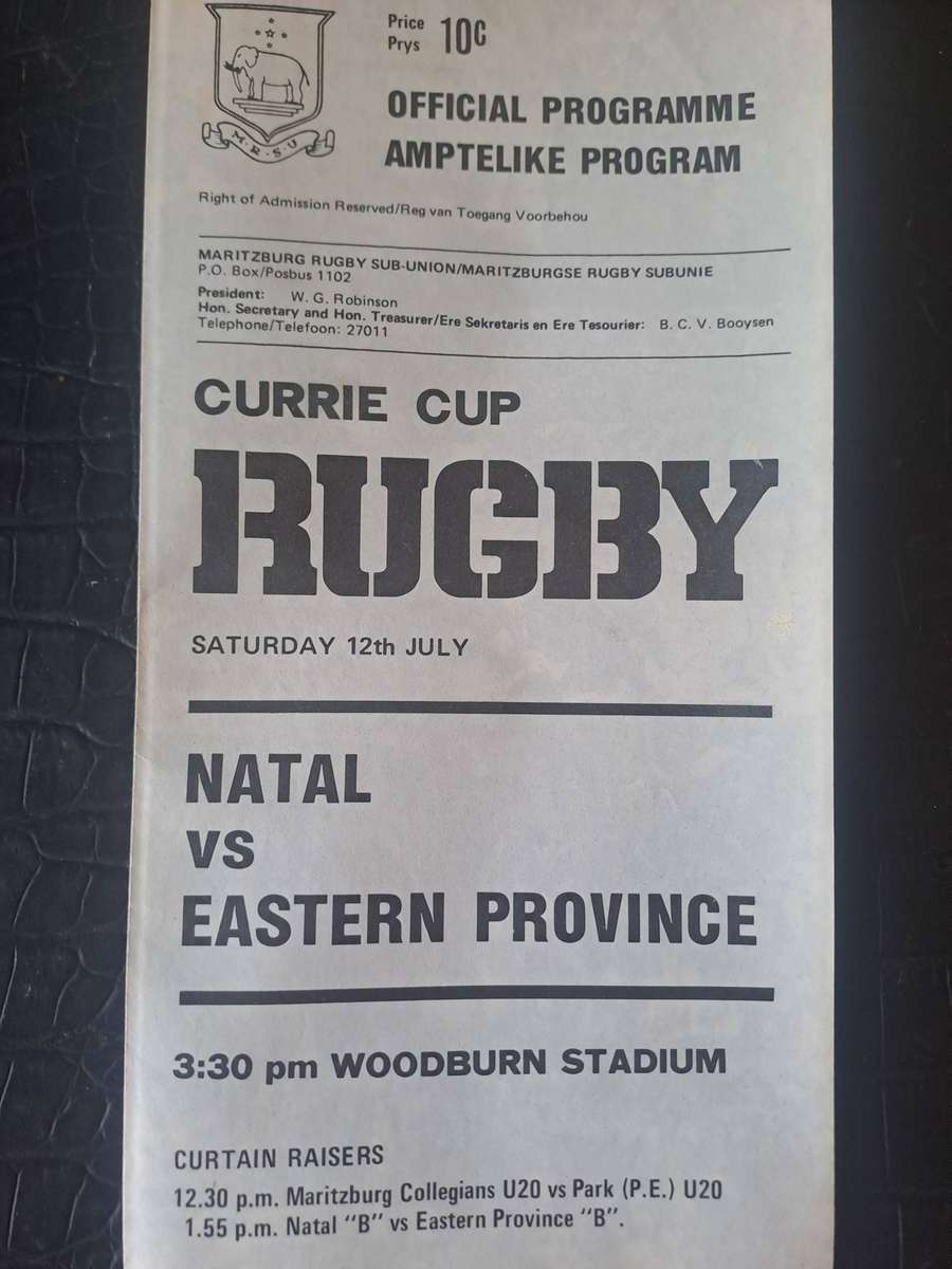 Rugby programme Natal vs Eastern Province Currie Cup 12 July 1975 Pietermaritzburg